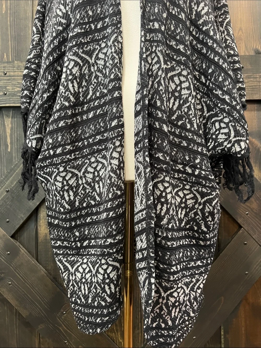 Free People Oversized Fringe Kimono Open Cardigan XS S Geo Printed Boho Layering
